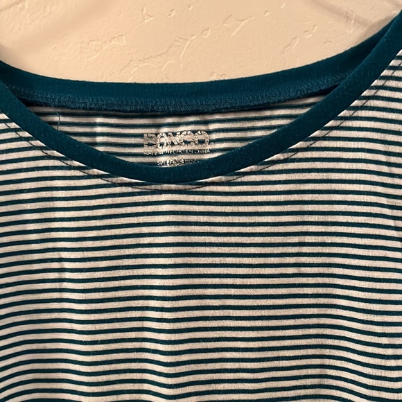 Women’s 3/4ths Sleeved T-Shirt, Striped, Blue, Green, White, Bongo - Picture 3 of 4